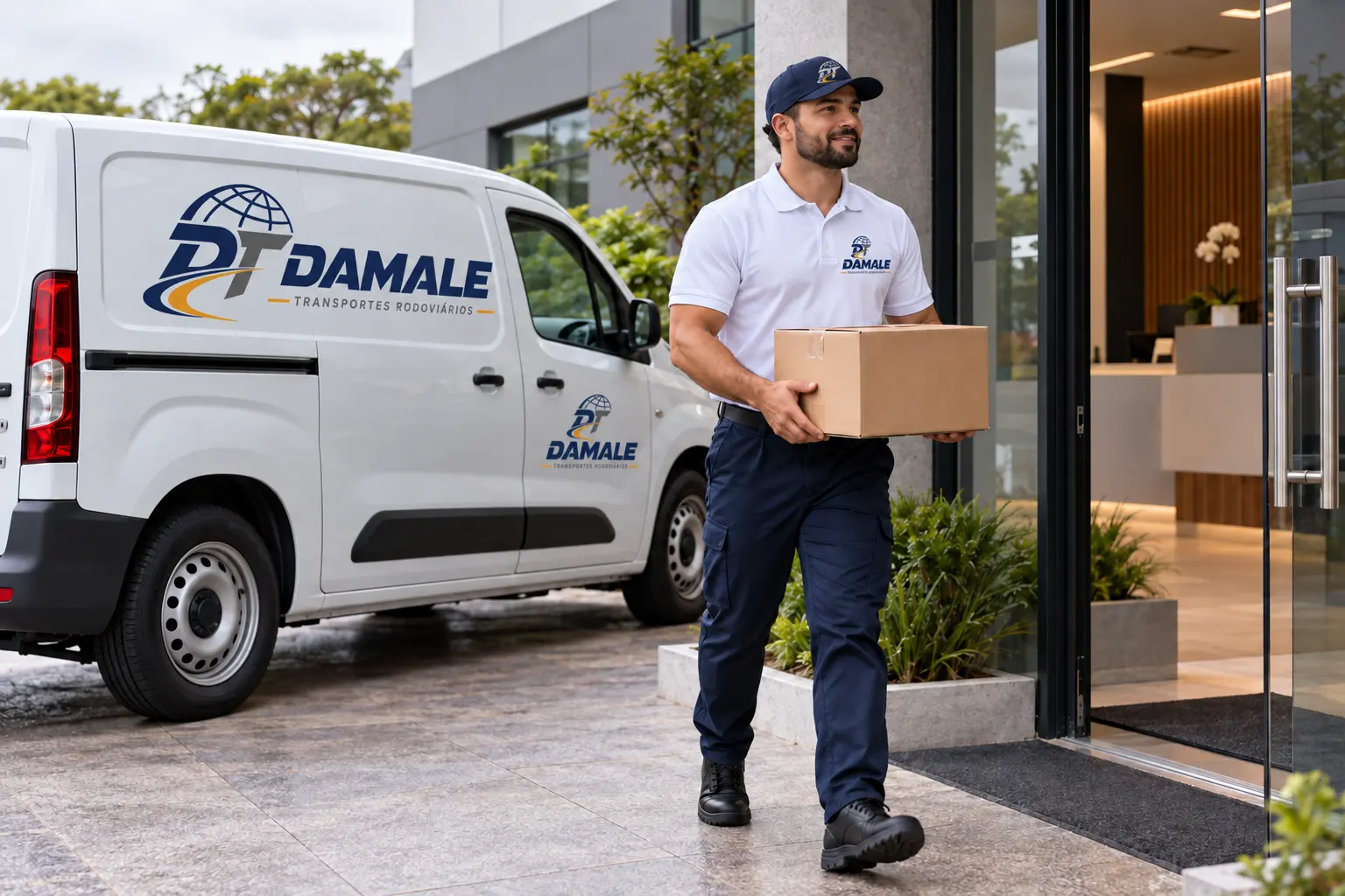 Entregador Damale transportando uma caixa junto à van da marca