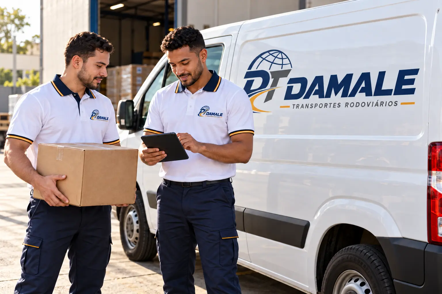 Profissionais Damale com caixa e tablet junto à van da marca