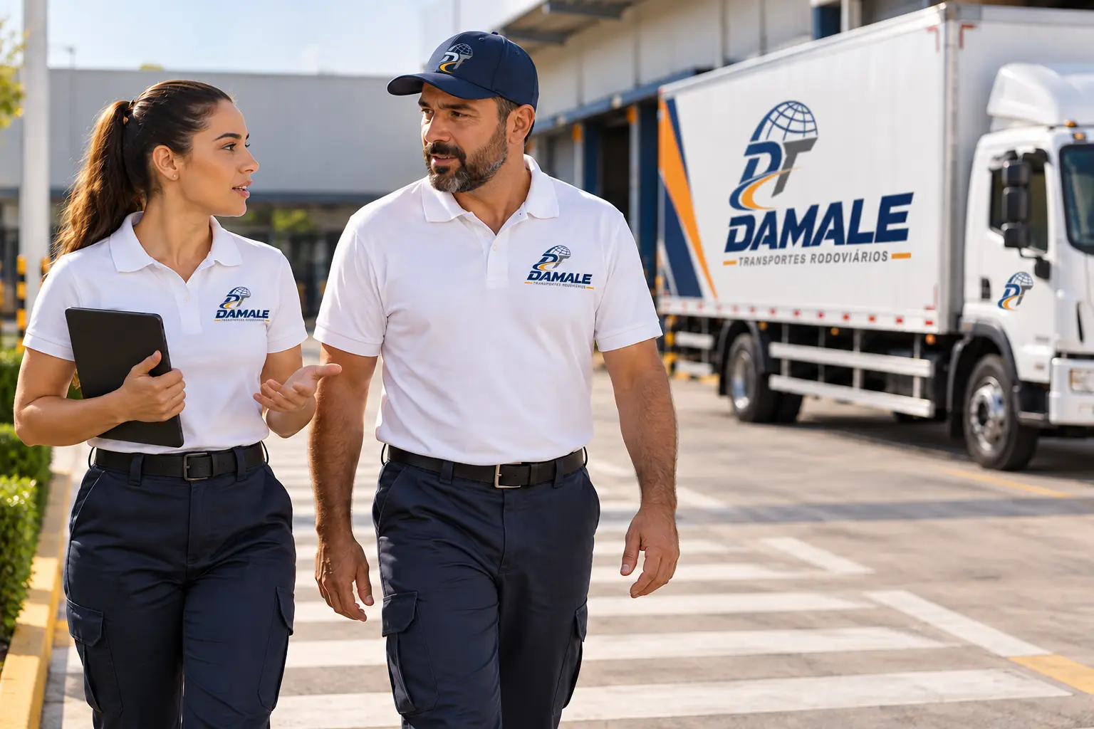 Equipe Damale caminhando no pátio logístico com caminhão da marca ao fundo