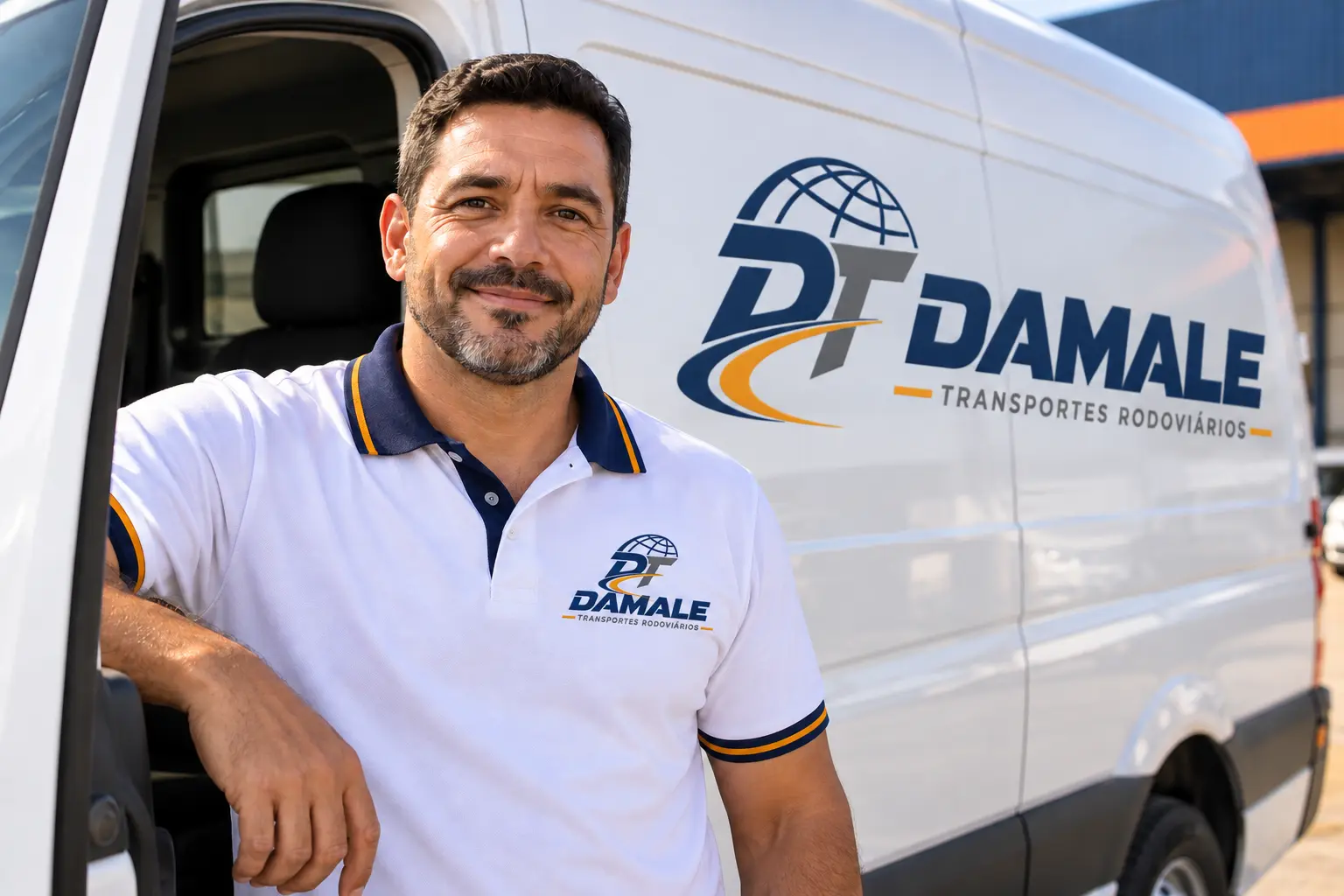 Motorista Damale ao lado da van com a nova identidade da marca